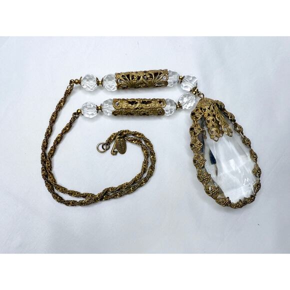 Miriam Haskell Jewelry - Vintage 1950s Miriam Haskell Baroque Crystal & Filigree Pendant Necklace